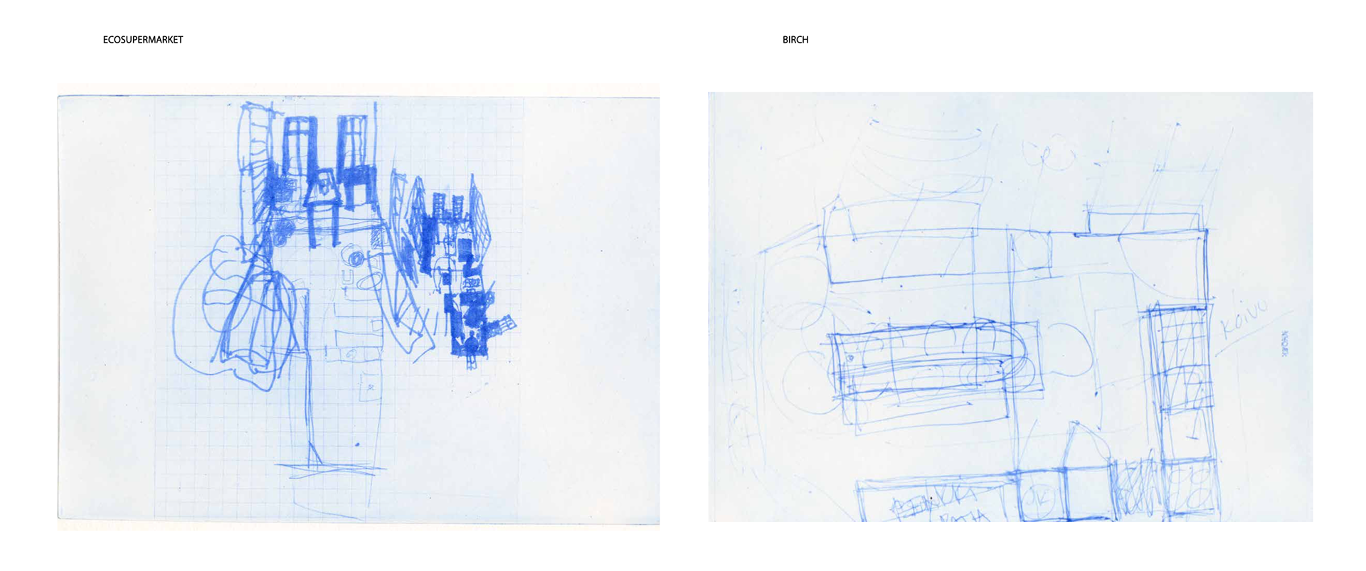 "Ecosupermarket" & "Koivu" Photogravure prints on paper from the series: Dear Virginia, I'm Looking For A Room, printsize 210x290mm, 2021-2022