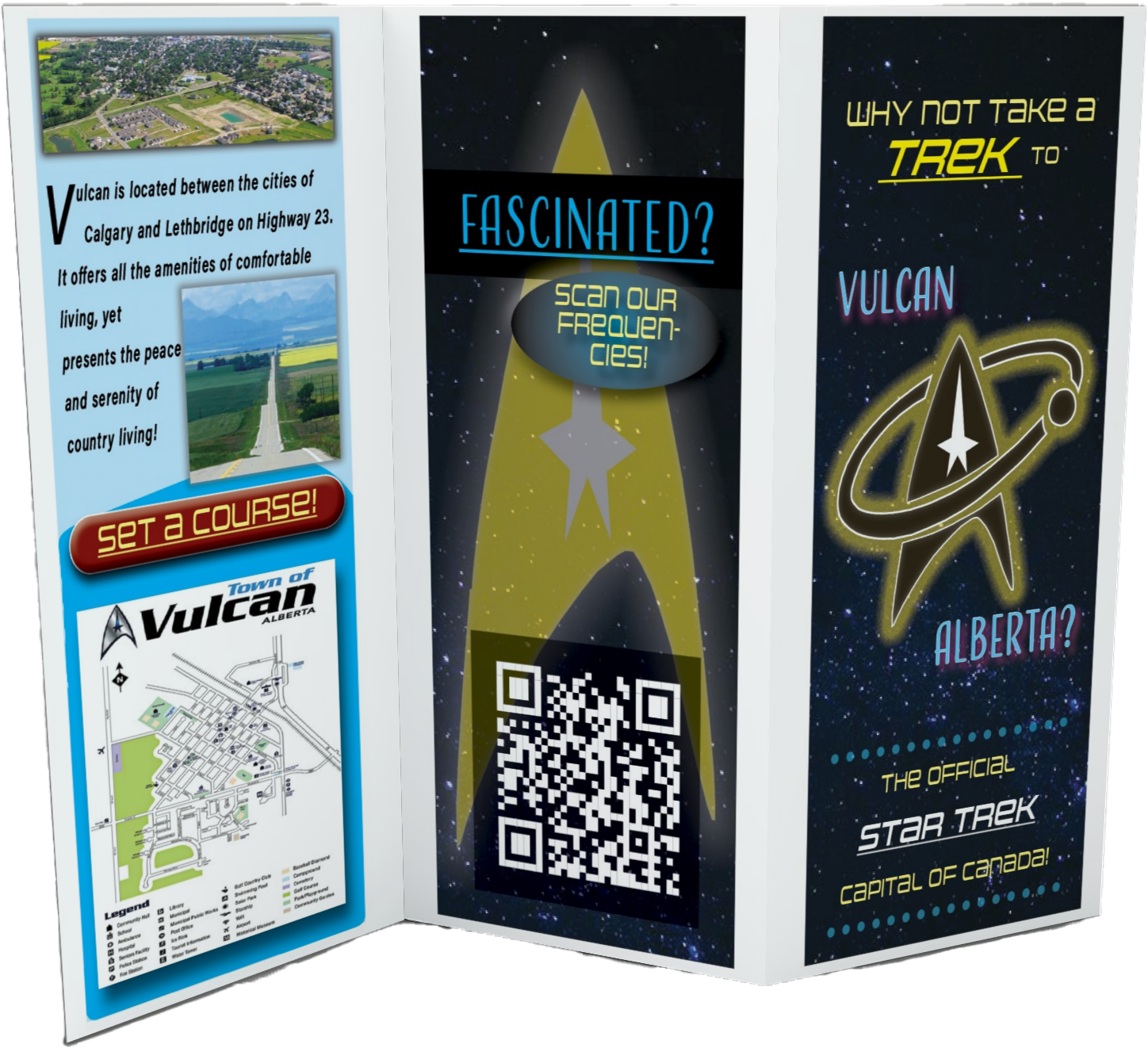 (SIDE ONE): A travel brochure for the town of Vulcan, part of my CDI "InDesign" program course.