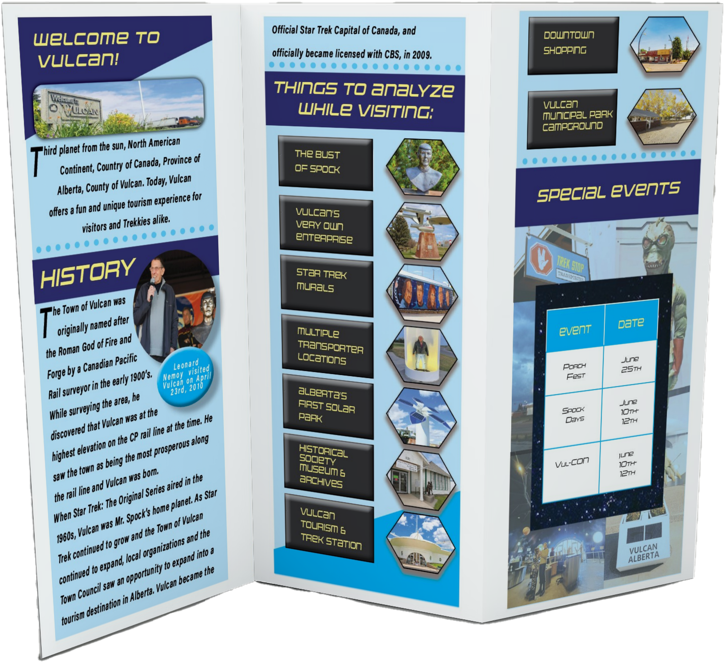 (SIDE TWO): A travel brochure for the town of Vulcan, part of my CDI "InDesign" program course.