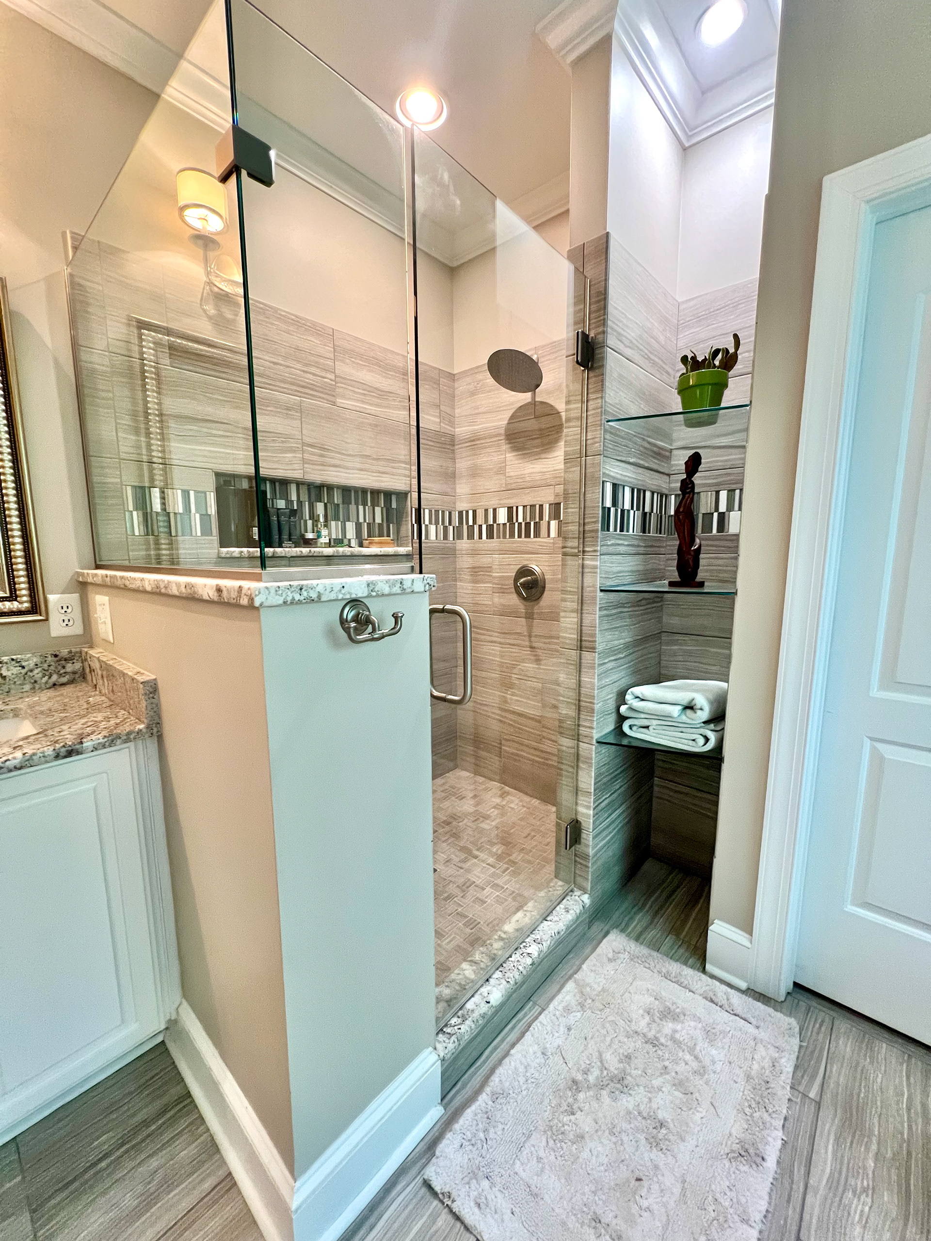 Primary bath shower and custom shelves