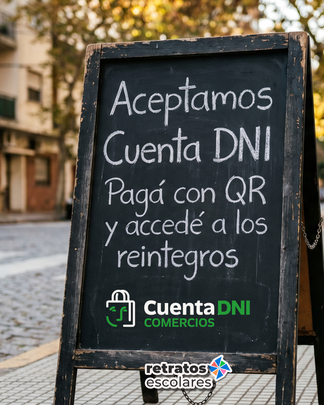 Pizarra de pie en una vereda de Buenos Aires con el texto "Aceptamos Cuenta DNI, pagá con QR y accedé a los reintegros", con el logo de Cuenta DNI Comercios y el logo de Retratos Escolares.