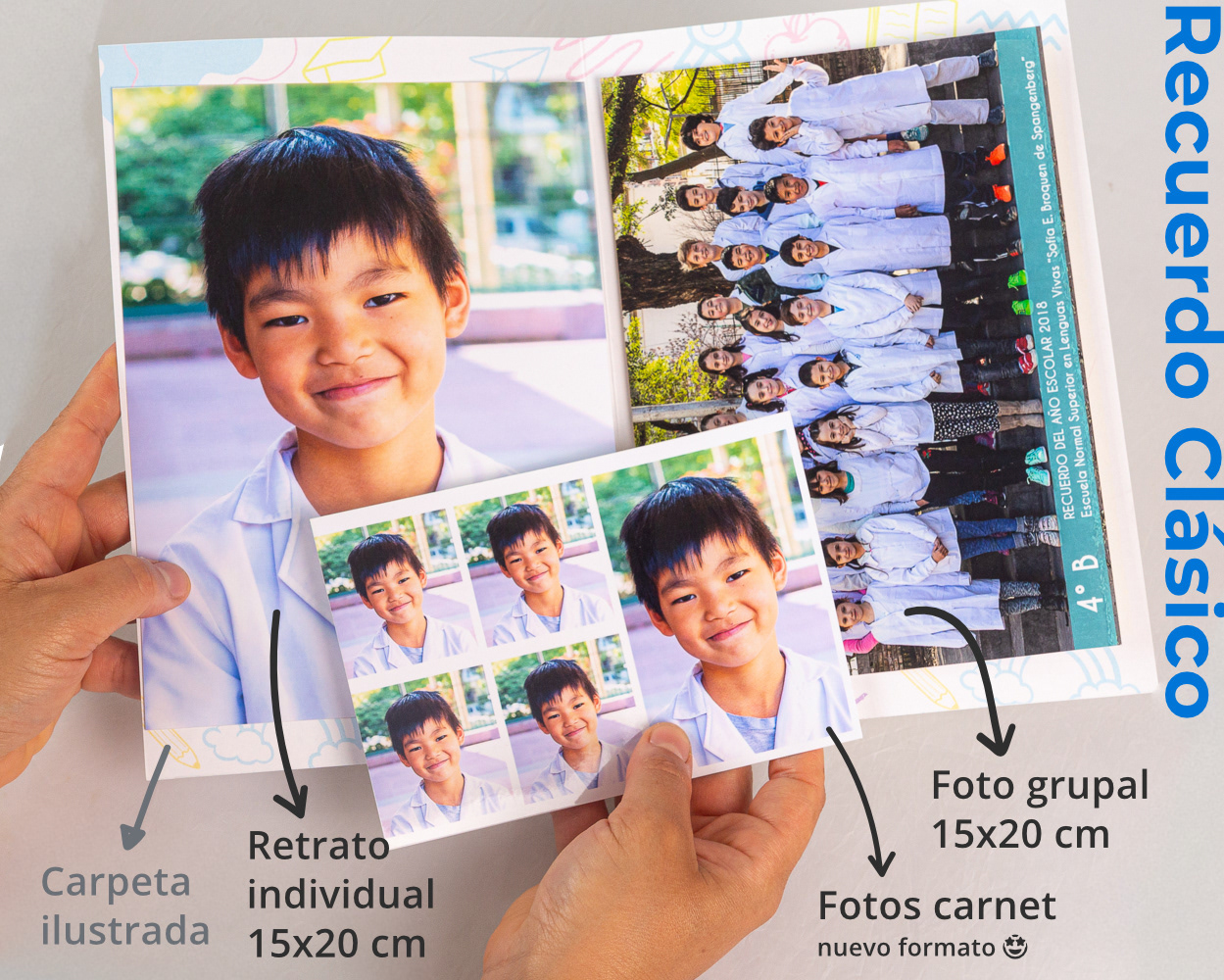 Recuerdo Clásico escolar 2026: carpeta ilustrada con retrato individual 15x20, foto grupal 15x20 y fotos carnet - Retratos Escolares
