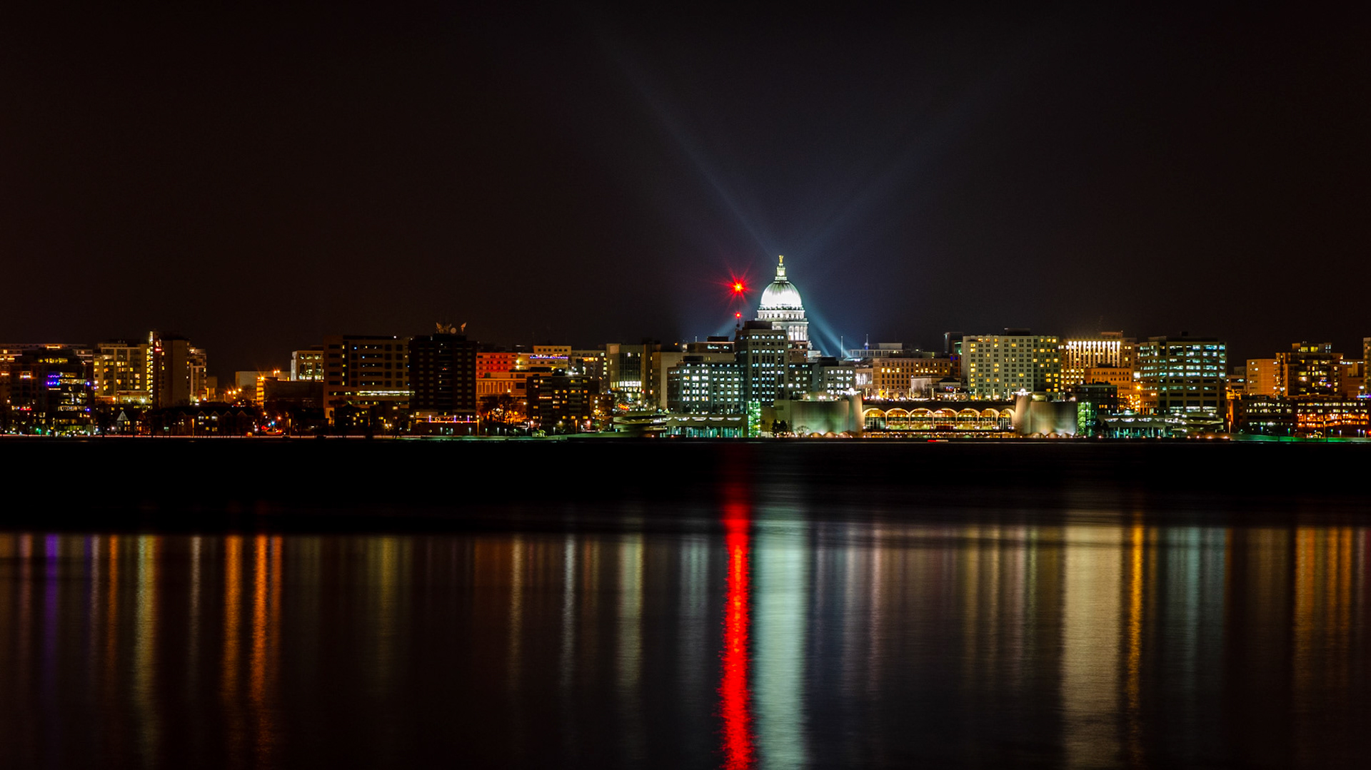 Downtown Madison on December evening from Olin Park