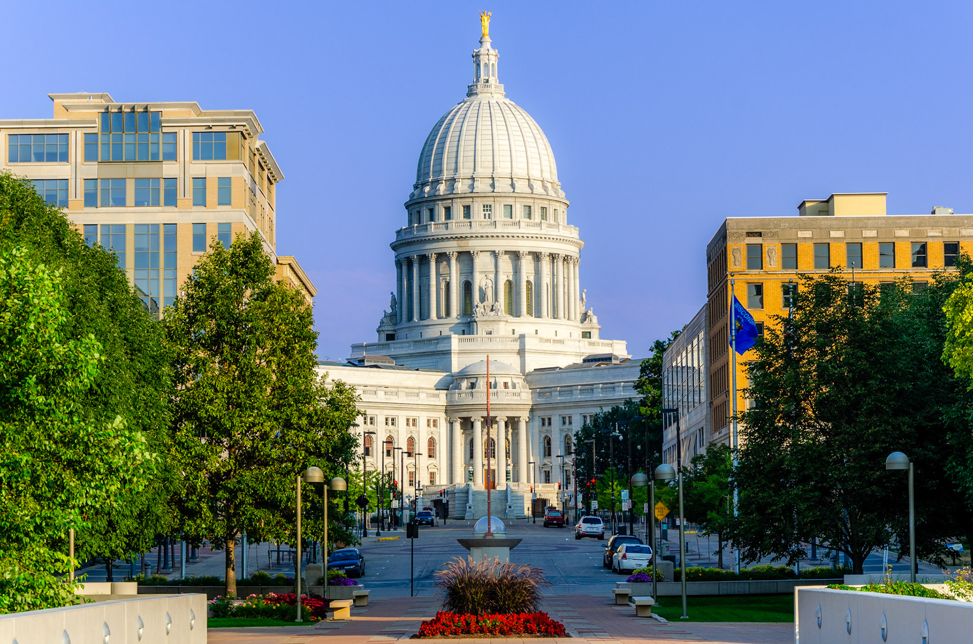 Morning sun on Wisconsin Capitol building from Monona Terrace