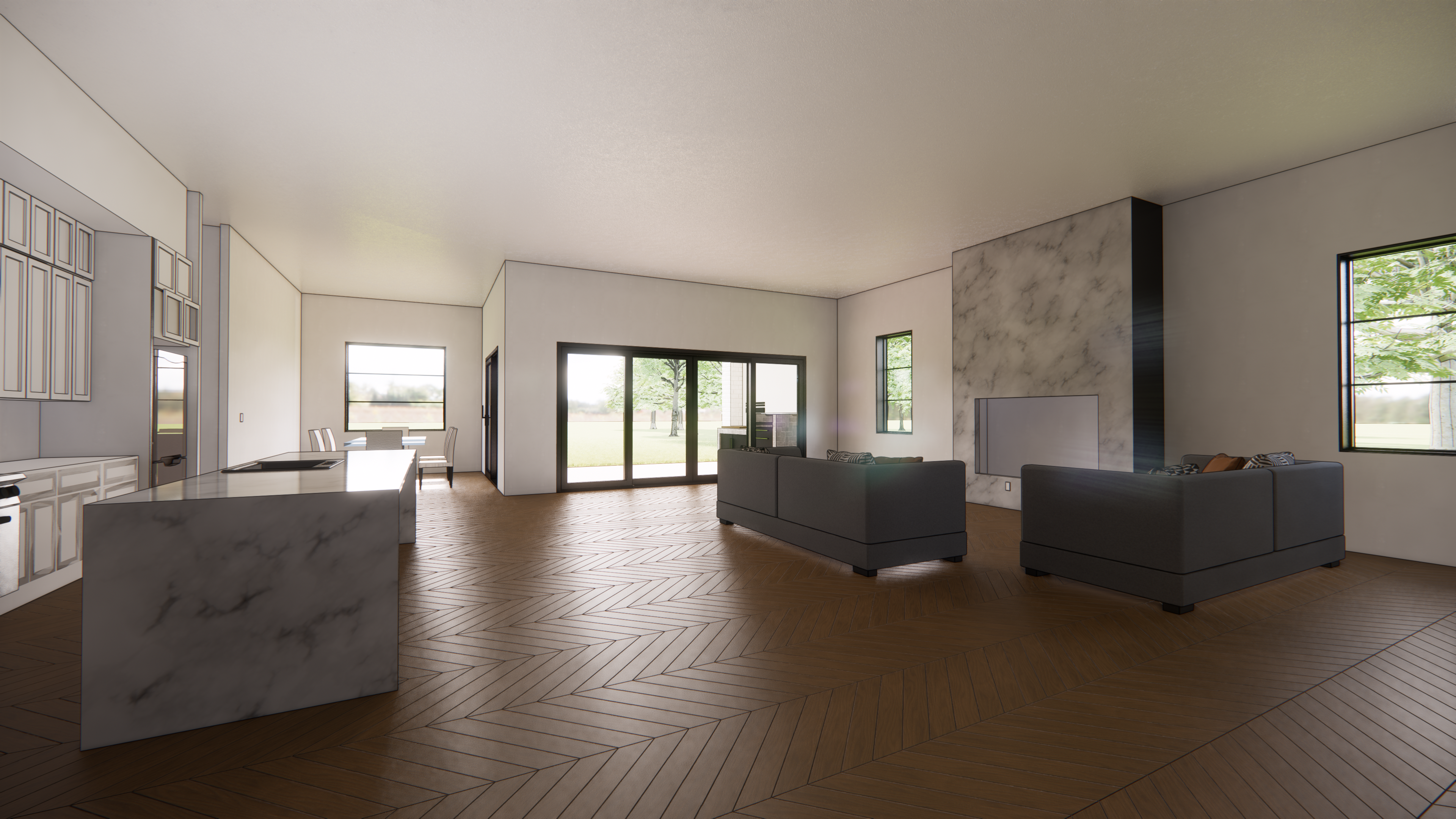 LIVING ROOM & KITCHEN & DINNING AREAS - 3D VISUALISATION