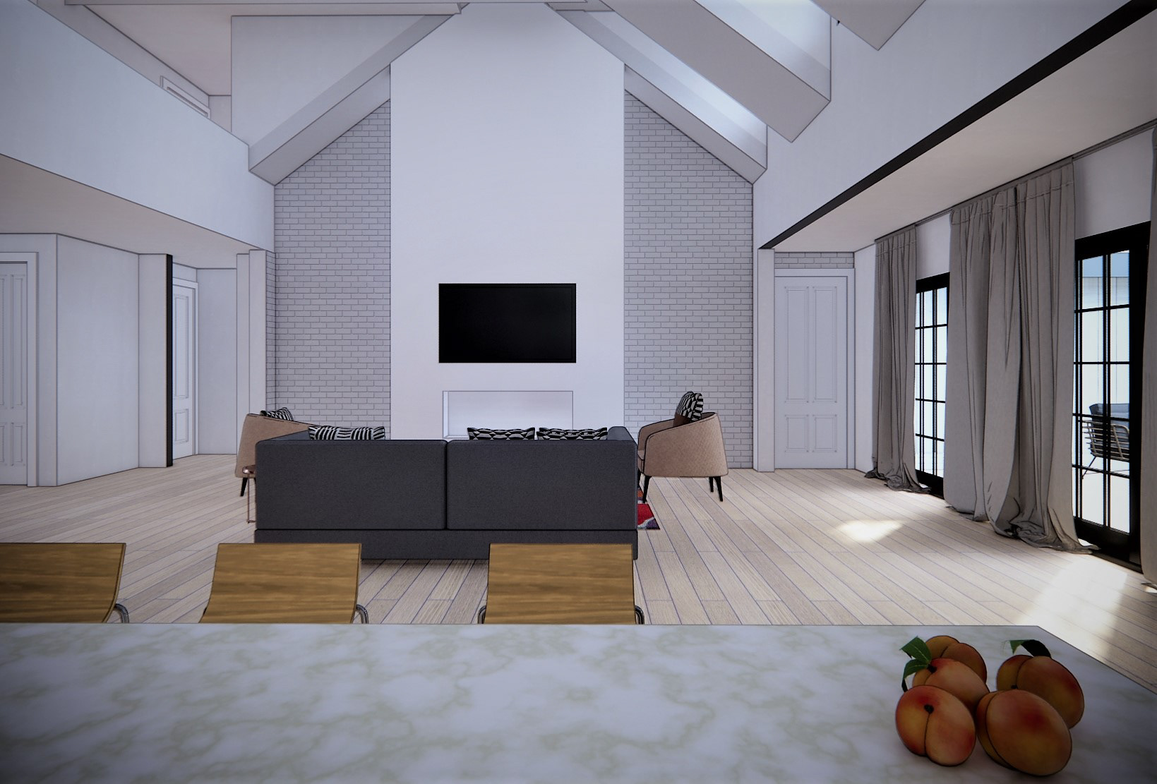 Living area, fireplace view