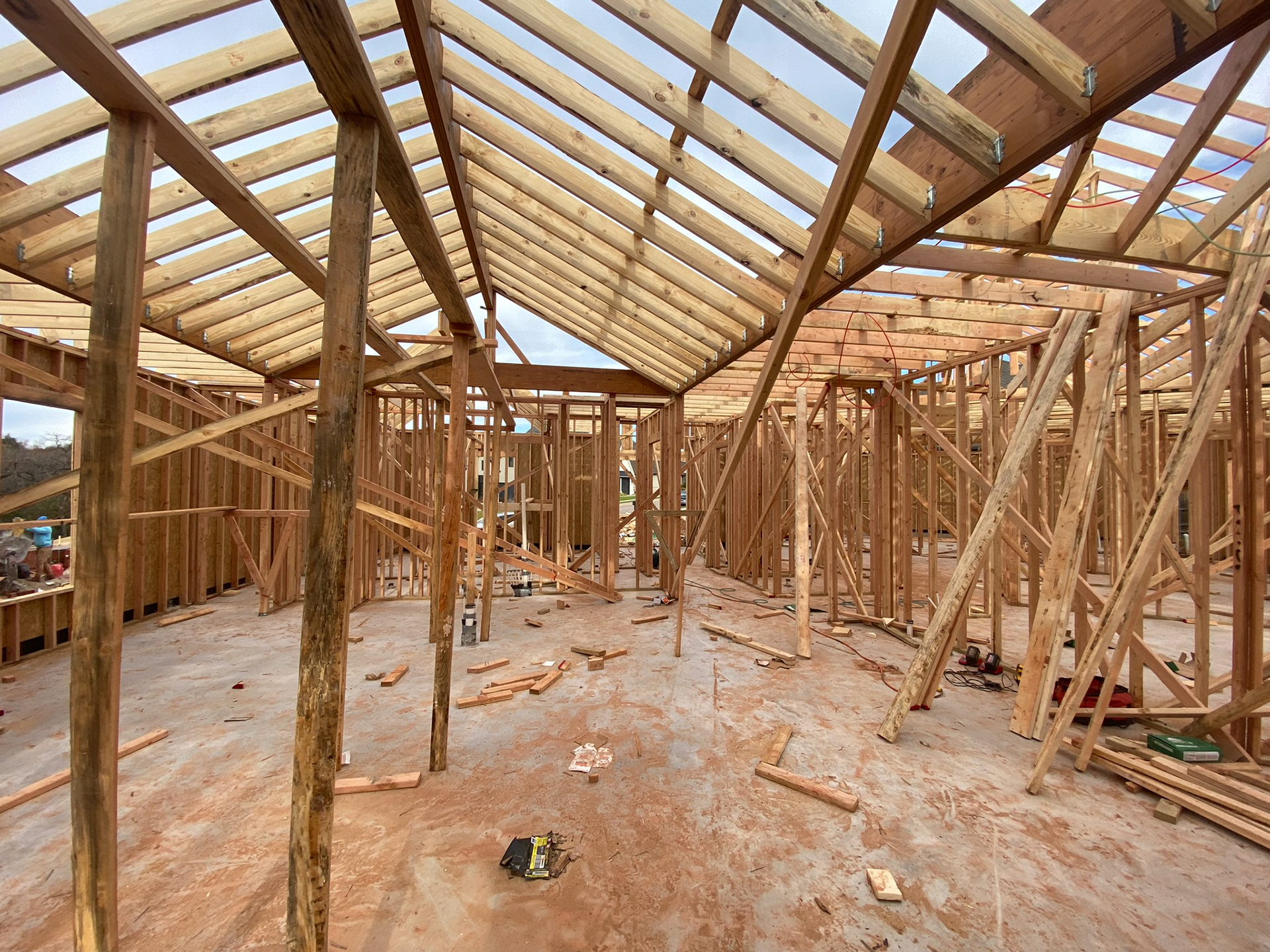 Framing. View to the main living and kitchen area