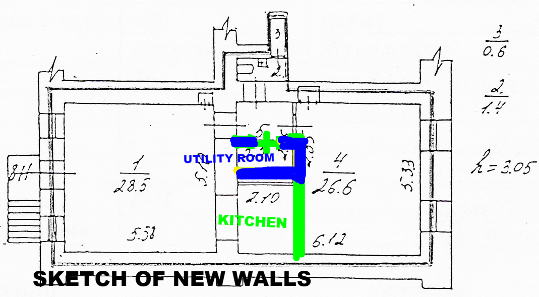 SKETCH OF NEW REDEVELOPMANT PLAN For kitchen space, the wall was installed. It helped to make a restroom possible for customers and provided a small utility room