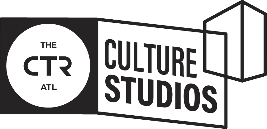The CTR ATL Culture Studios Logo - the left side of the logo is a black rectangle with a white spotlight with black text that reads: "The CTR ATL", stacked vertically to the right there is a black outline of a rectangle intersecting with a 3D wall and the text in all caps: "CULTURE STUDIOS"