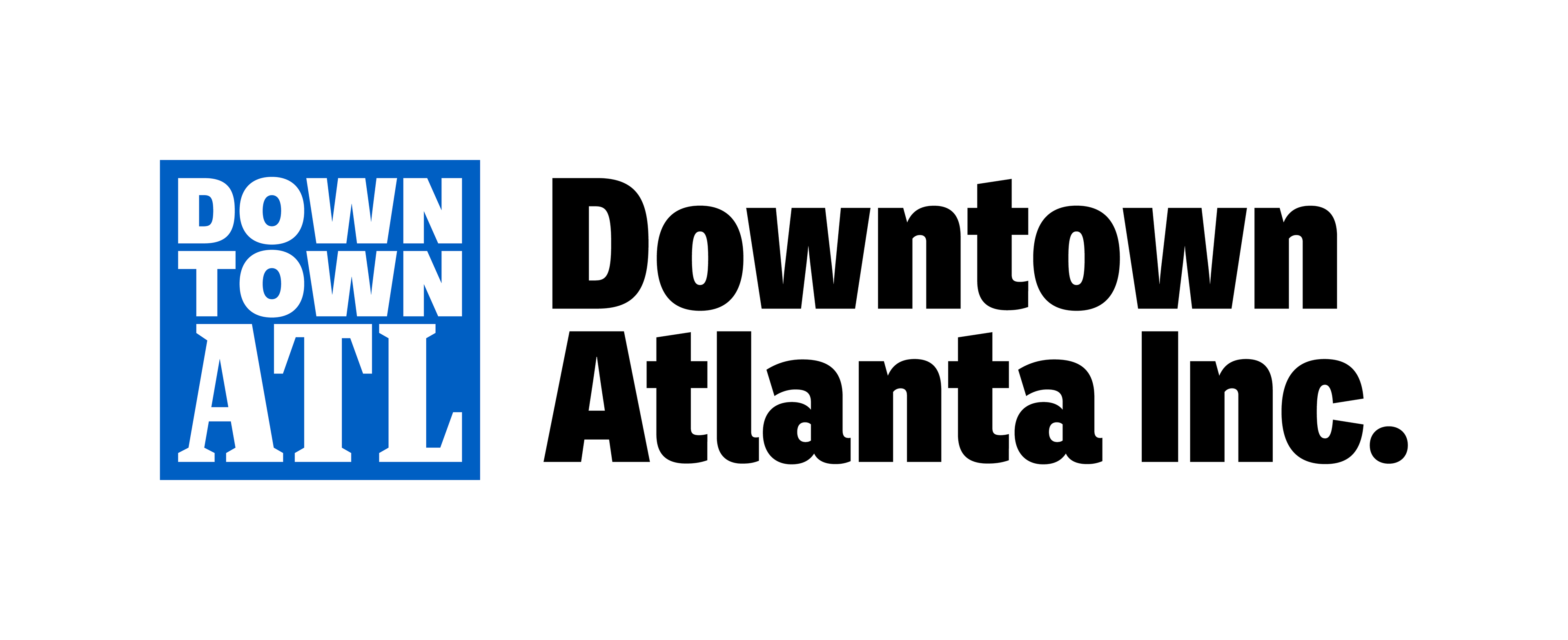Logo for Downtown Atlanta Inc. To the left there is a blue square with uppercase letters spelling "DOWN-TOWN-ATL" stacked vertically. To the right in bold black type are the words "Downtown Atlanta Inc."