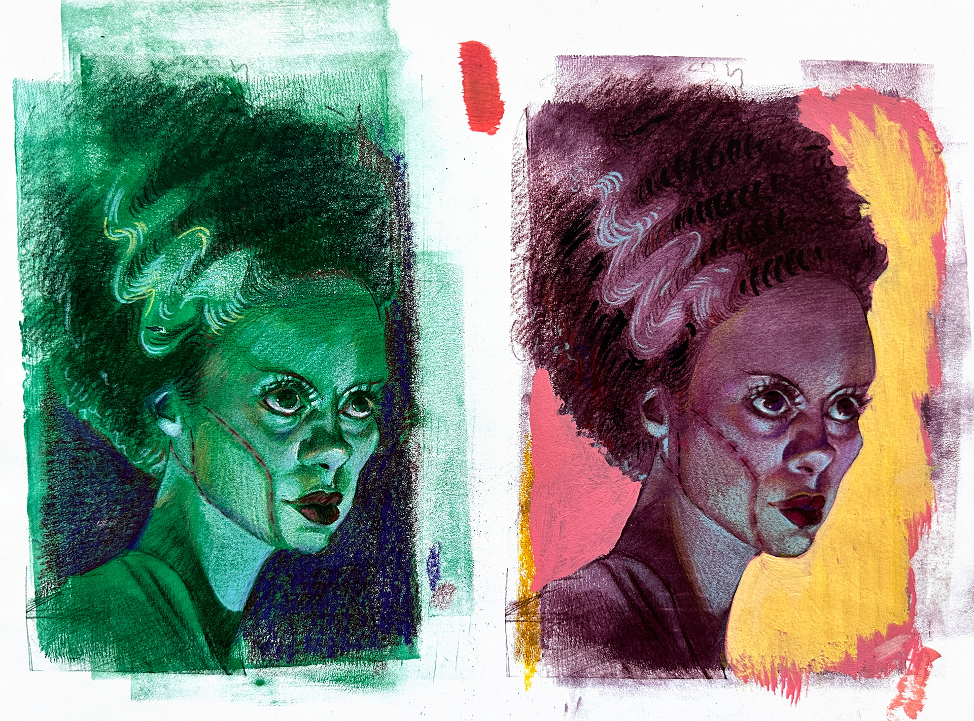 Frankenstiens Bride Thumbnails ; Acrylic & Colored Pencil