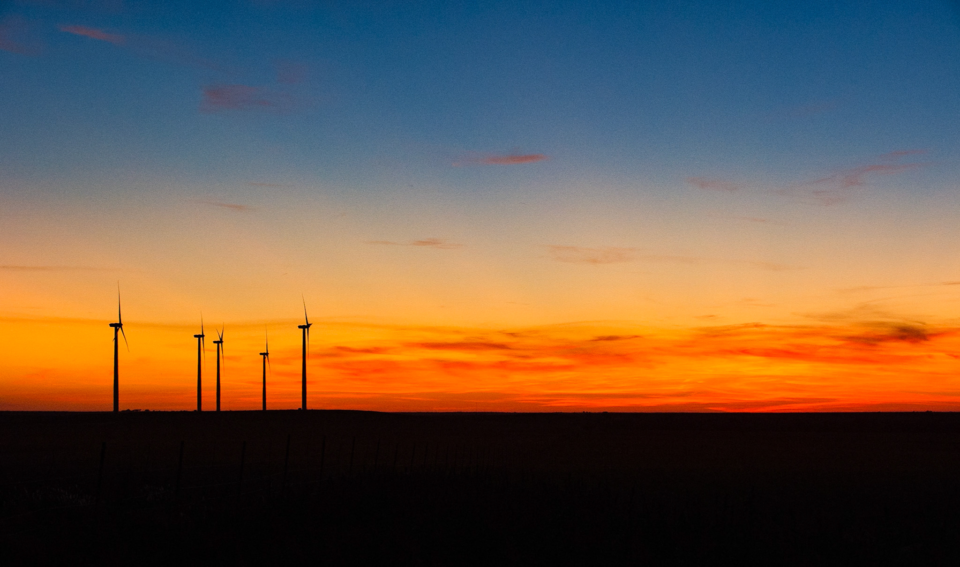 The wind farm at Beaumont is here juxtaposed against a brilliant sky shortly after sunset.