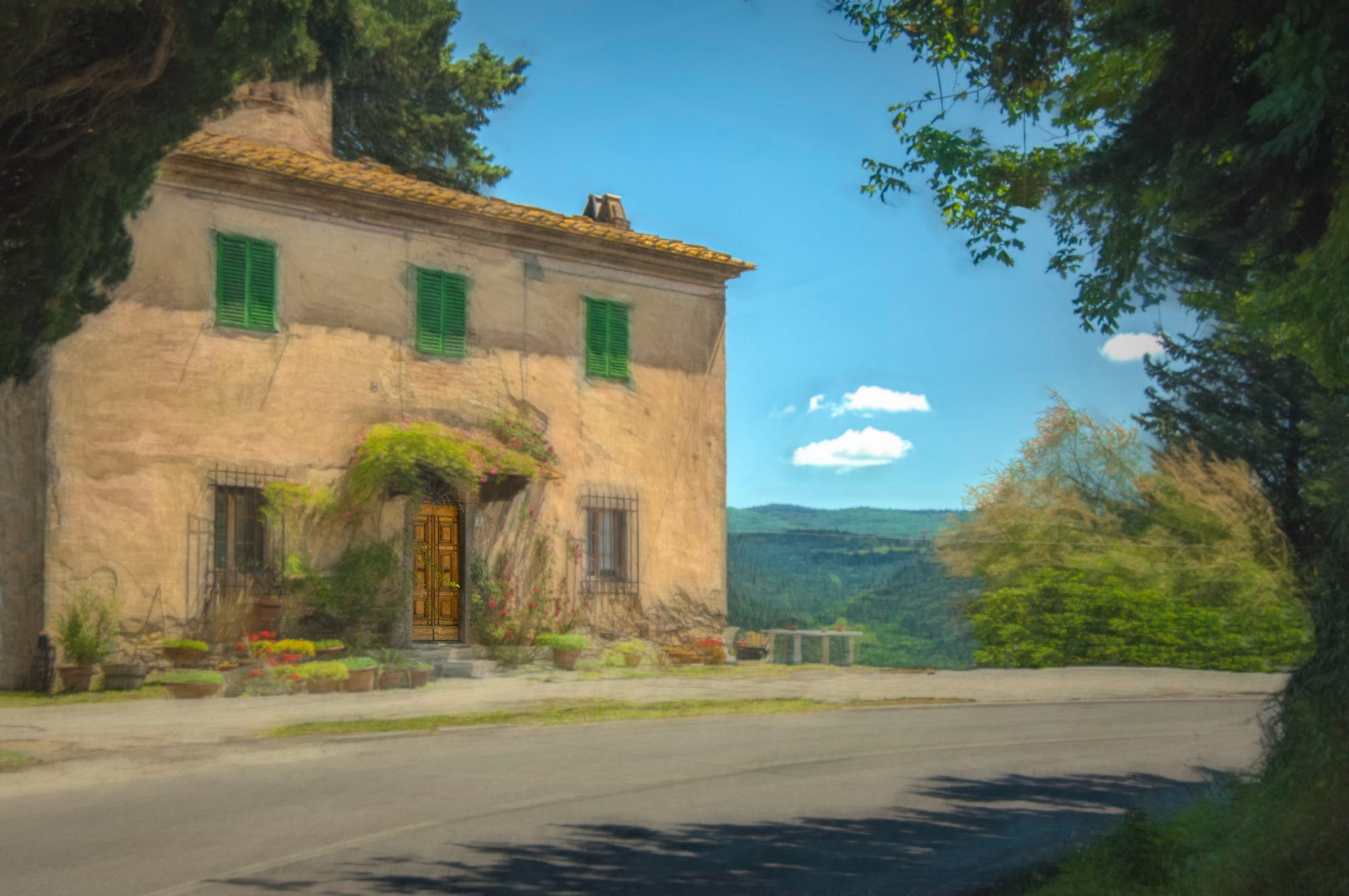 This farmhouse at Cedda is right on the road; the views out the back over the Tuscan countryside are magnificent.