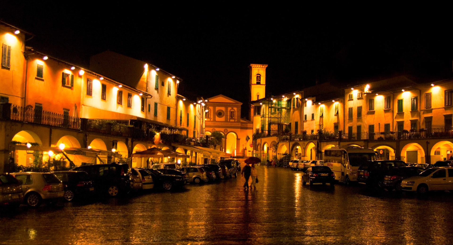 On this May evening the sole illumination is from the lights around this piazza in the village of Greve In Chianti.  