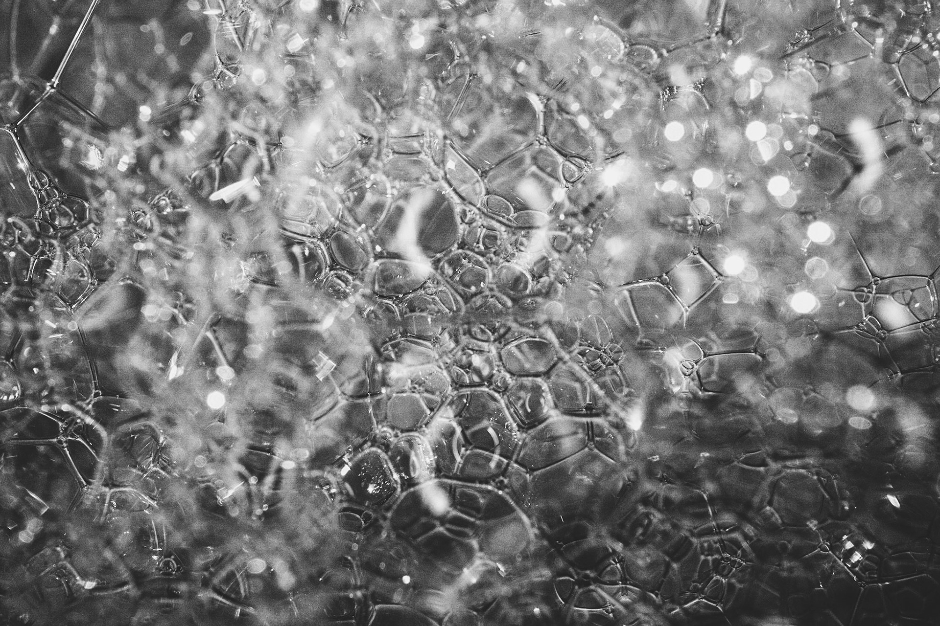 A simple macro shot of soap bubbles. I went with black and white to really bring out the intricate connecting lines.