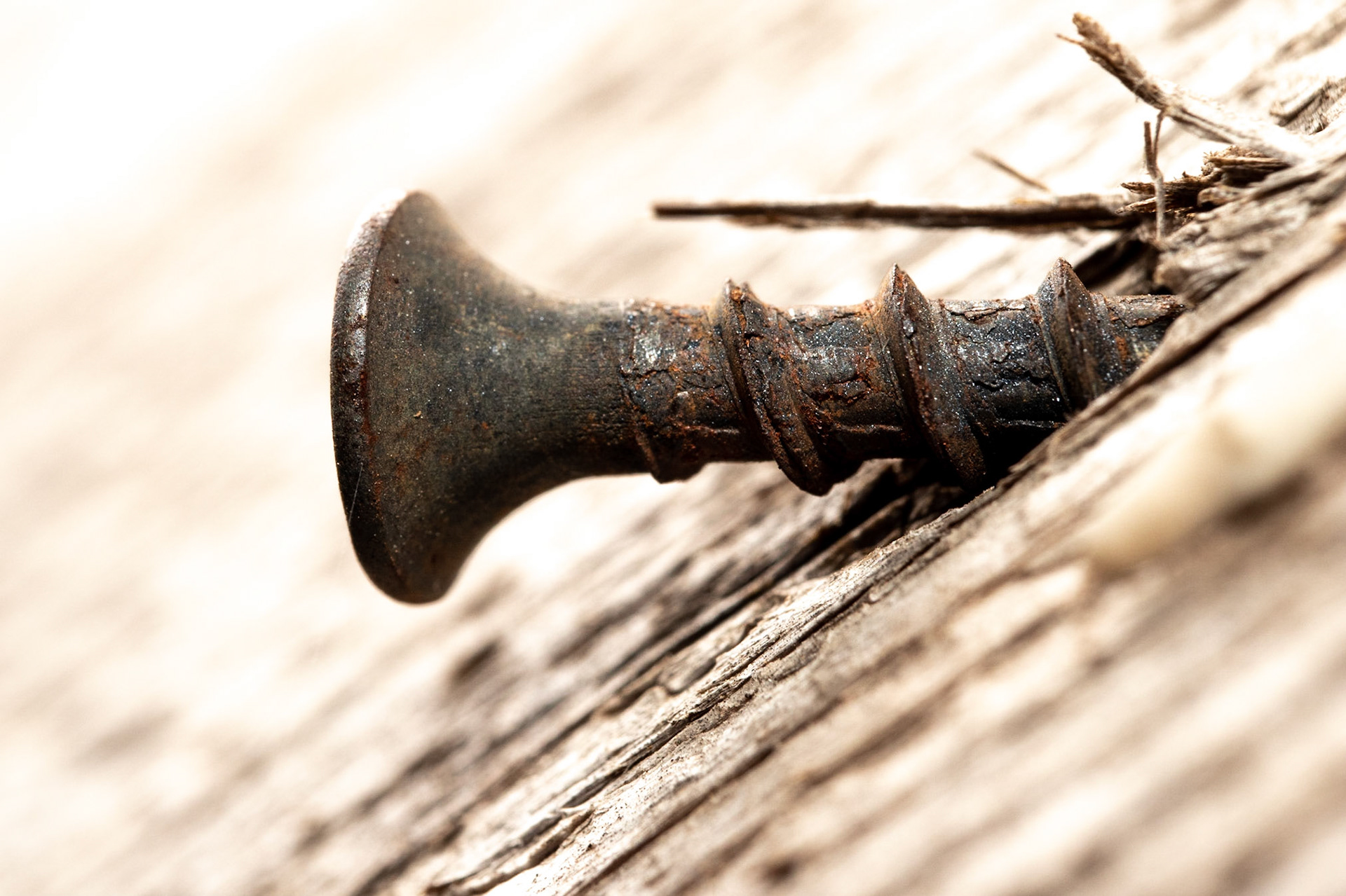 A screw splintering wood.