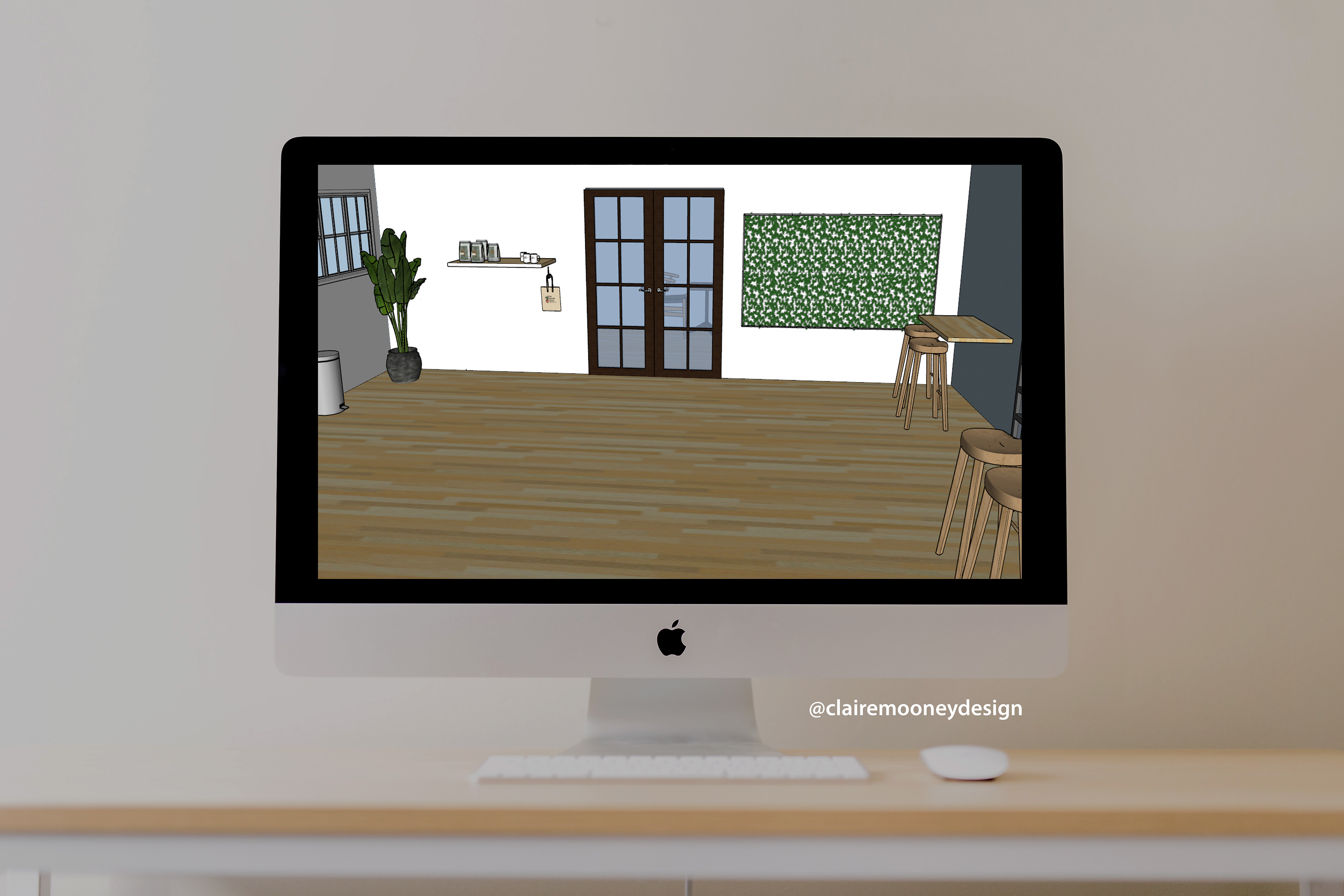 Ground House Merch, Doors to Working Room, and plant wall for "Insta Worthy" photo