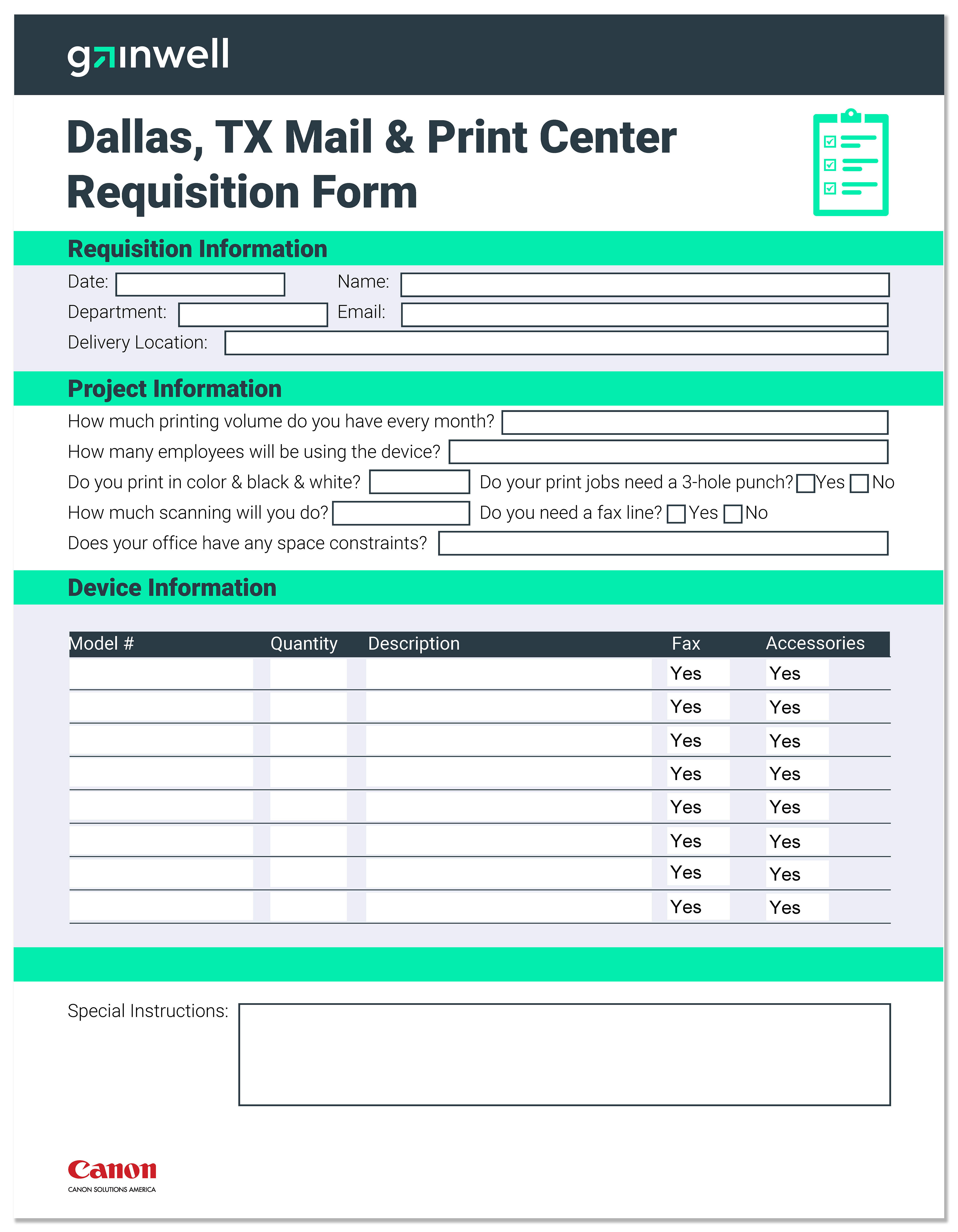 Gailwell Mail and Print Center Order Form