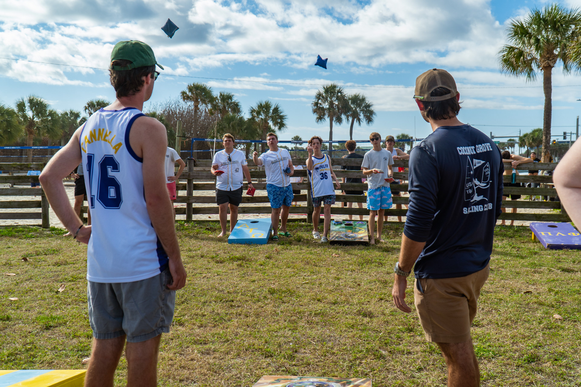 Lambda Chi Alpha plays Delta Tau Delta during practice for cornhole.