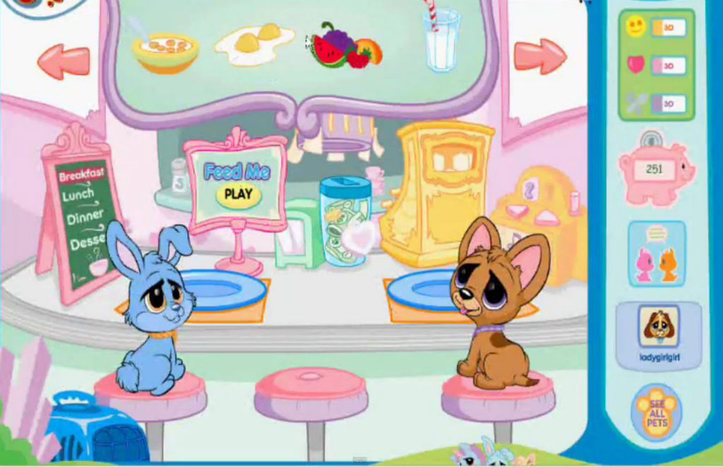 Each "kiosk" in the MyePets world featured ways to nurture, grow, and motivate a player's chosen pet/avatar.