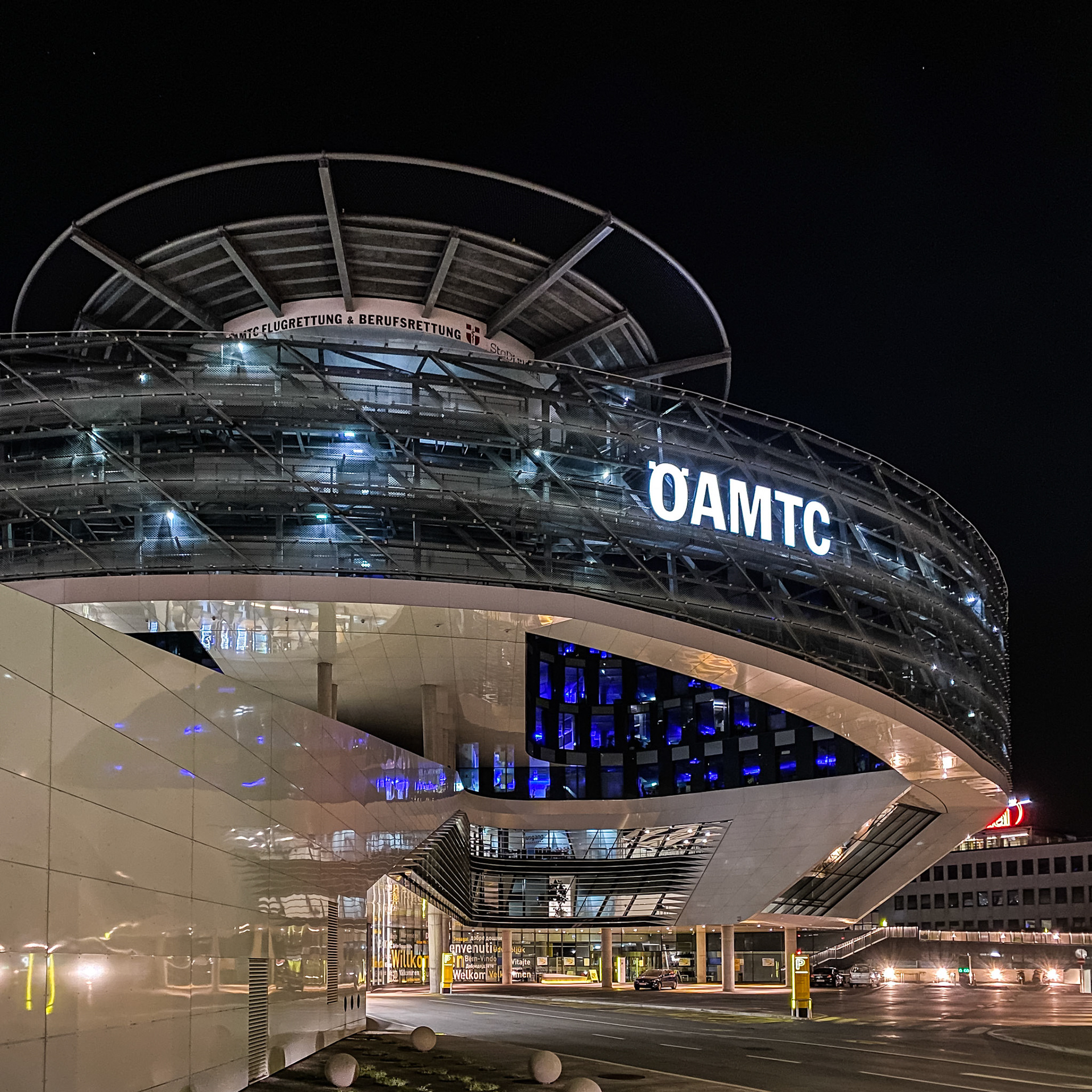 The very modern headquarters of the Austrian road side assistance in Vienna. Shot on iPhone using Night Mode of the native camera app.