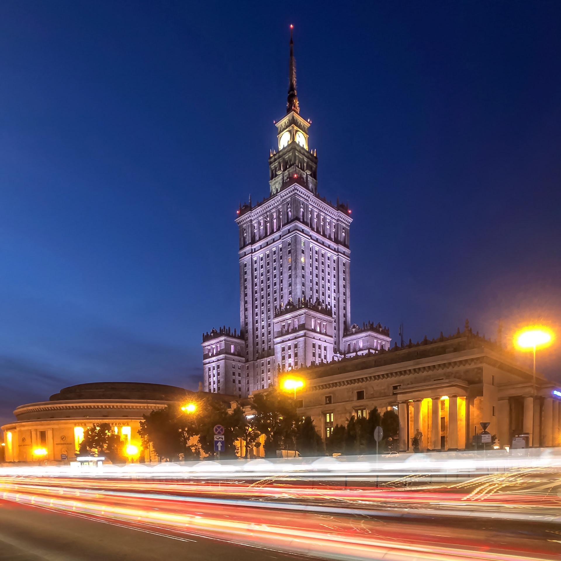 The palace of culture is a great photo spot at day and night. So many different angles and so many different surroundings. This is a long exposure take. with Slow Shutter Cam App set to light trail mode.