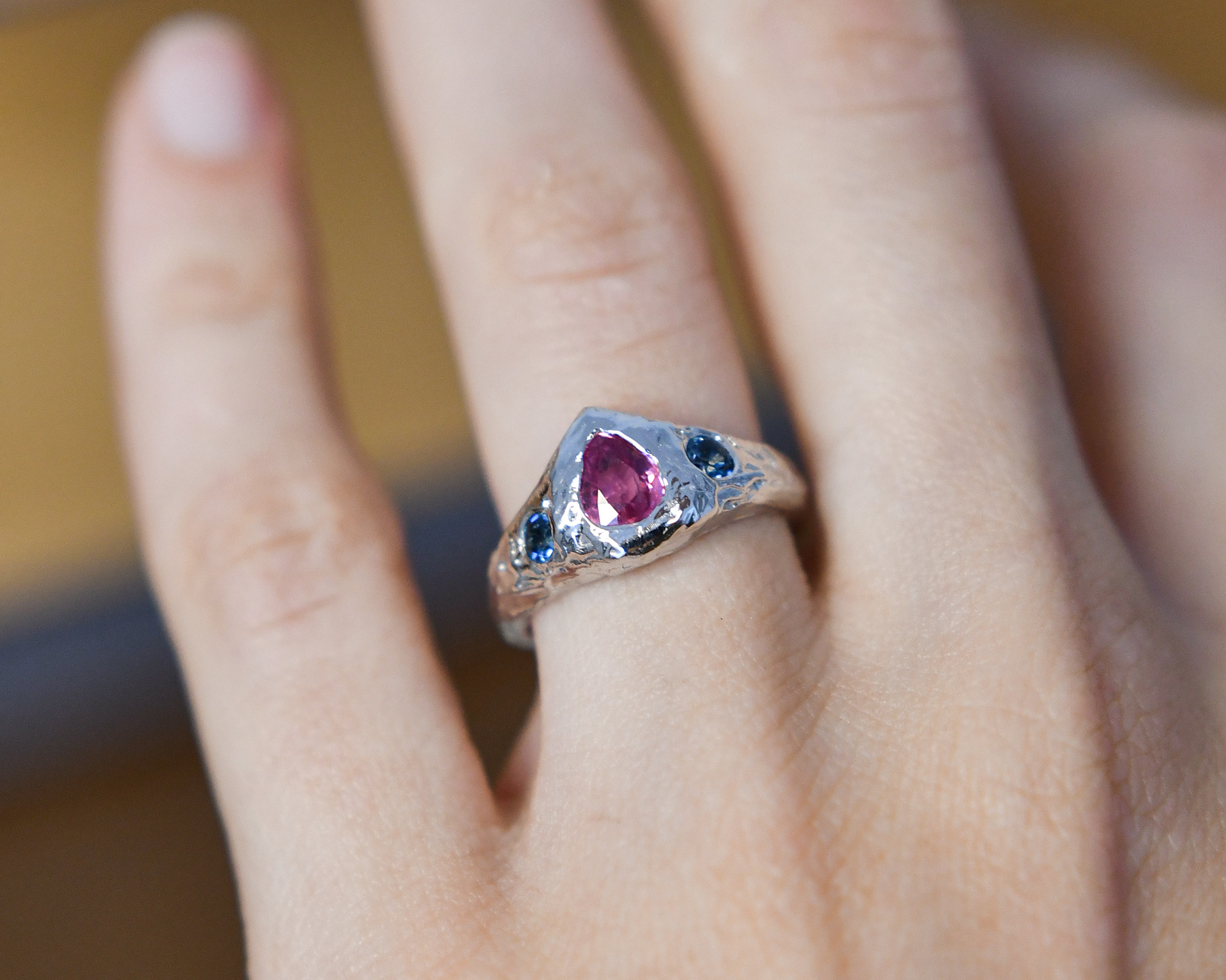 Andrés, 2023 // 18k gold, pink sapphire and blue topazes