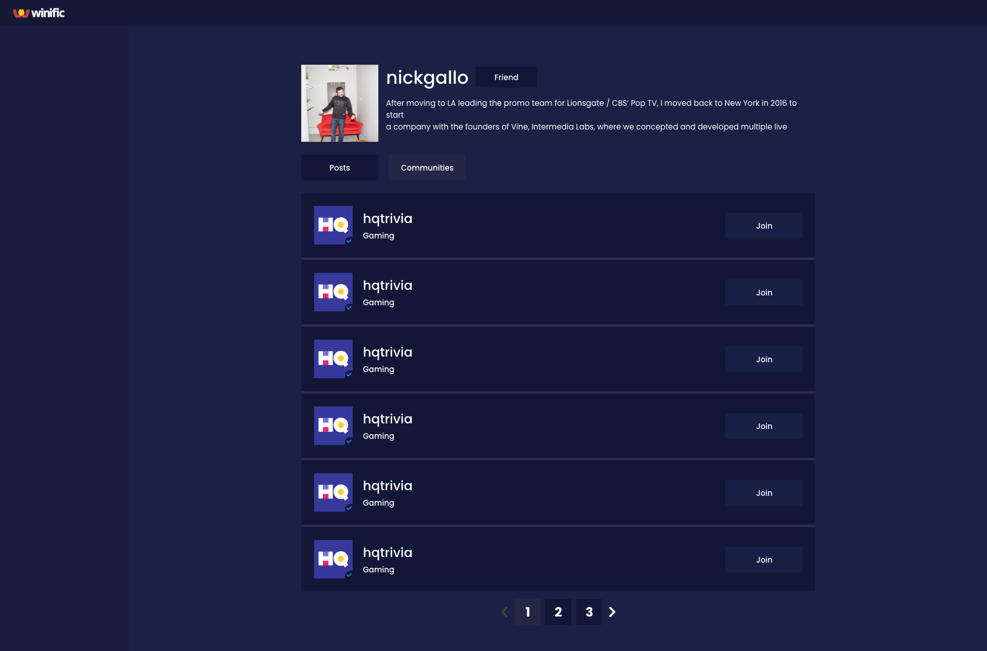 Winific New Profile | Communities View