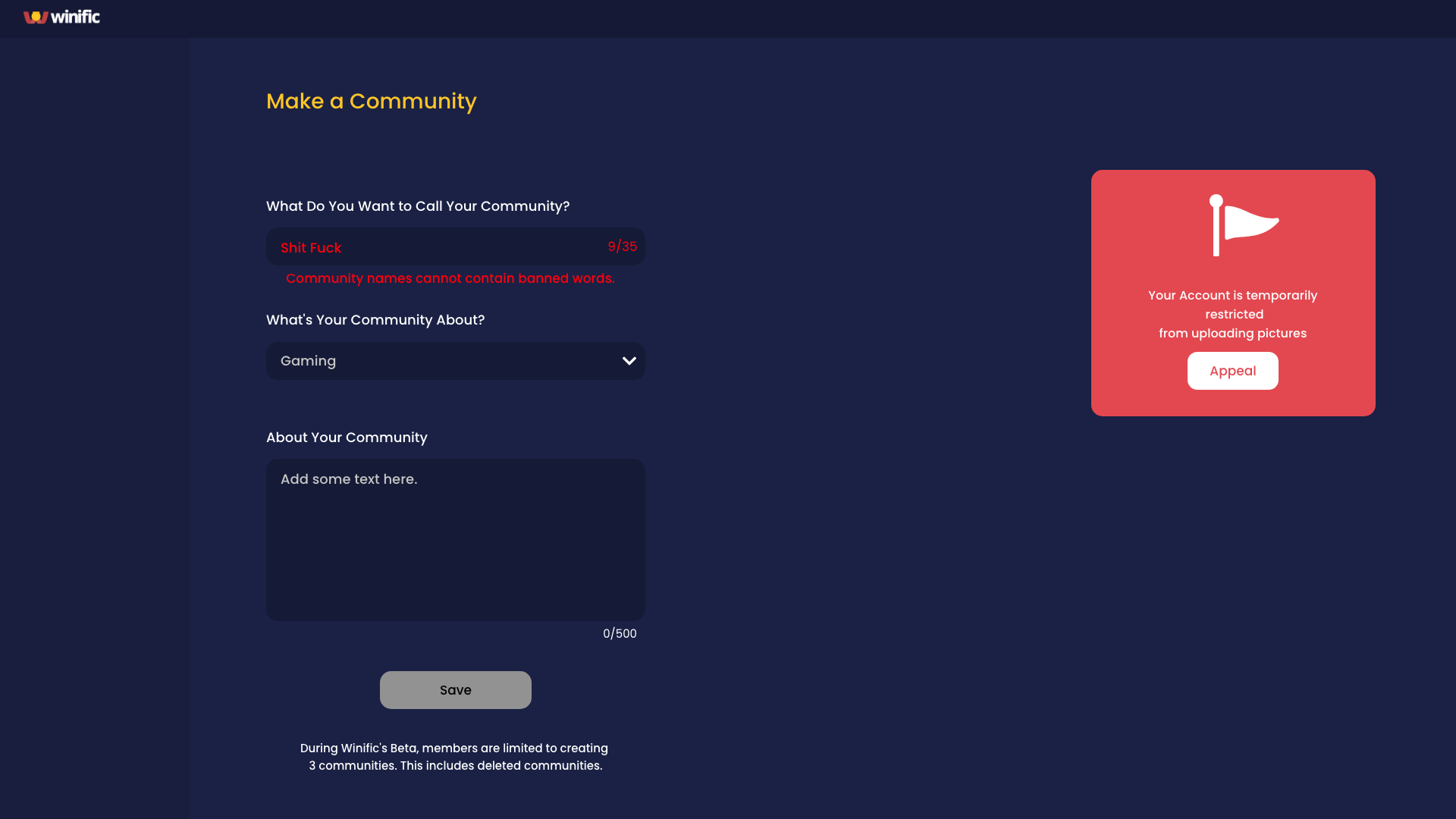 Winific Old Community Creation - Account Restricted (with filter)