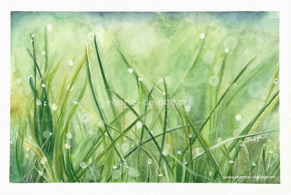 Light green grass with pearls of dew painted with watercolors. The perpective is a close-up at ground level.