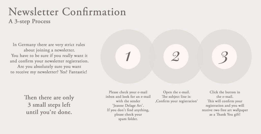 Newsletter Confirmation 3 steps Process Guide: 1. Check your e-mails for one with the sender 'Jeanne Delage Art', 2. Open the e-mail wit the subject line: 'Confirm your registration', 3. Click the button in the e-mail , it will confirm your registration and you will receive two free art wallpaper.