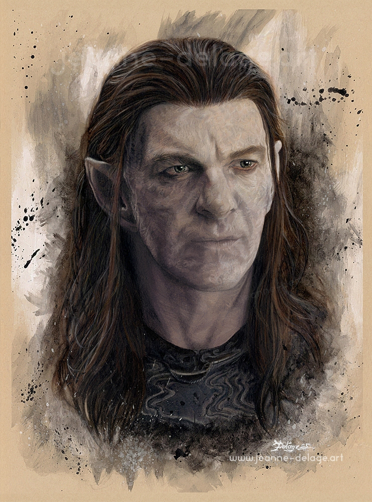 Colored pencil portrait of Adar from The Rings of Power with an abstract dark brown and black background, textured brushstrokes, white highlights, and black splatter details creating a dramatic, moody atmosphere.