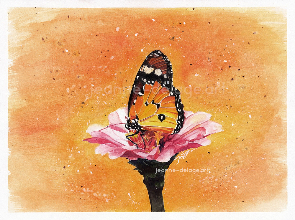 Watercolor painting of a monarch butterfly on a pink flower with a vibrant orange background.