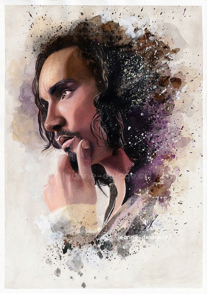 Klaus Hargreeves of 'The Umbrella Academy' traditional portrait artwork done in warm toned pastels, watercolors and ayrylics. You can see his face, his chin gently held by his hand in a contemplative posture.