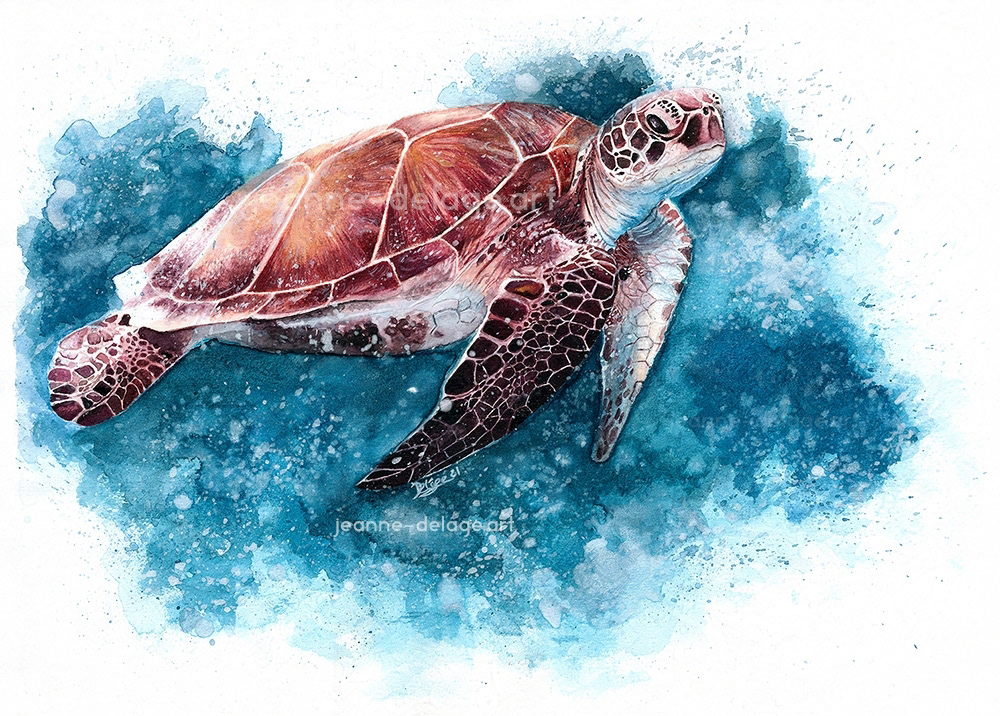 A realistic sea turtle on white watercolor paper with a blue background around the turtle. The blue background has an artistic water pattern with different shades and white drops in it. The turtle is painted in light purple colors.