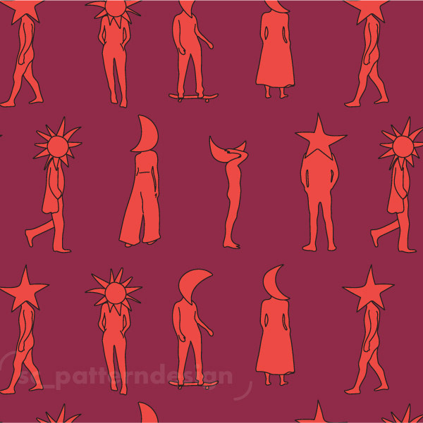 Cosmic Heads Conversational Print Design sc_patterndesign Red & Orange