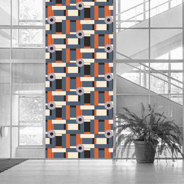 Bauhaus Glory Geo Industrial Home Decor Design Pattern by sc_patterndesign grey and orange wallpaper mockup