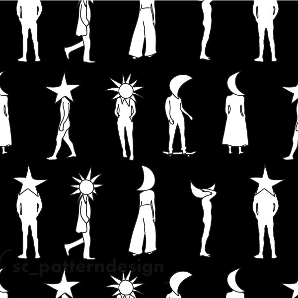 Cosmic Heads Conversational Repeat Pattern Design Black by sc_patterndesign