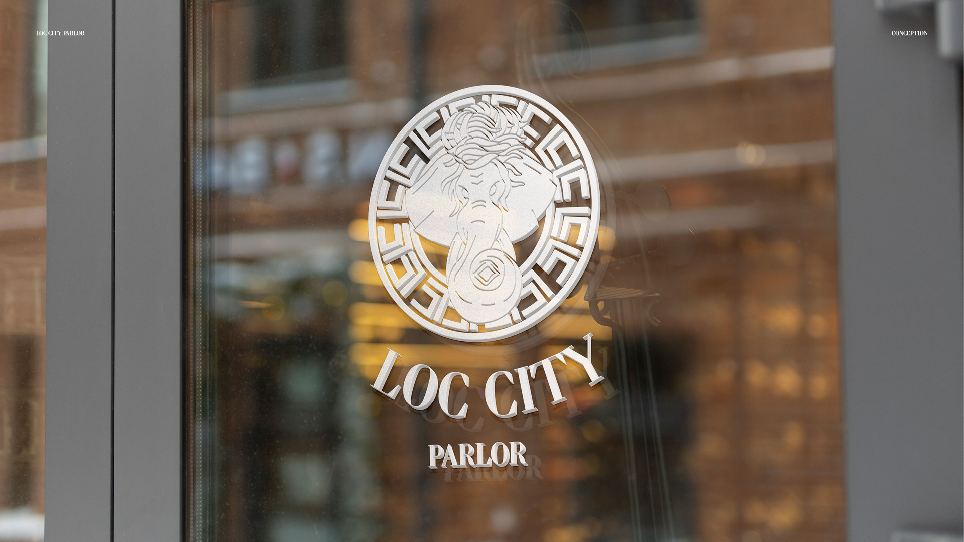 Concept logo decal on a glass door.
