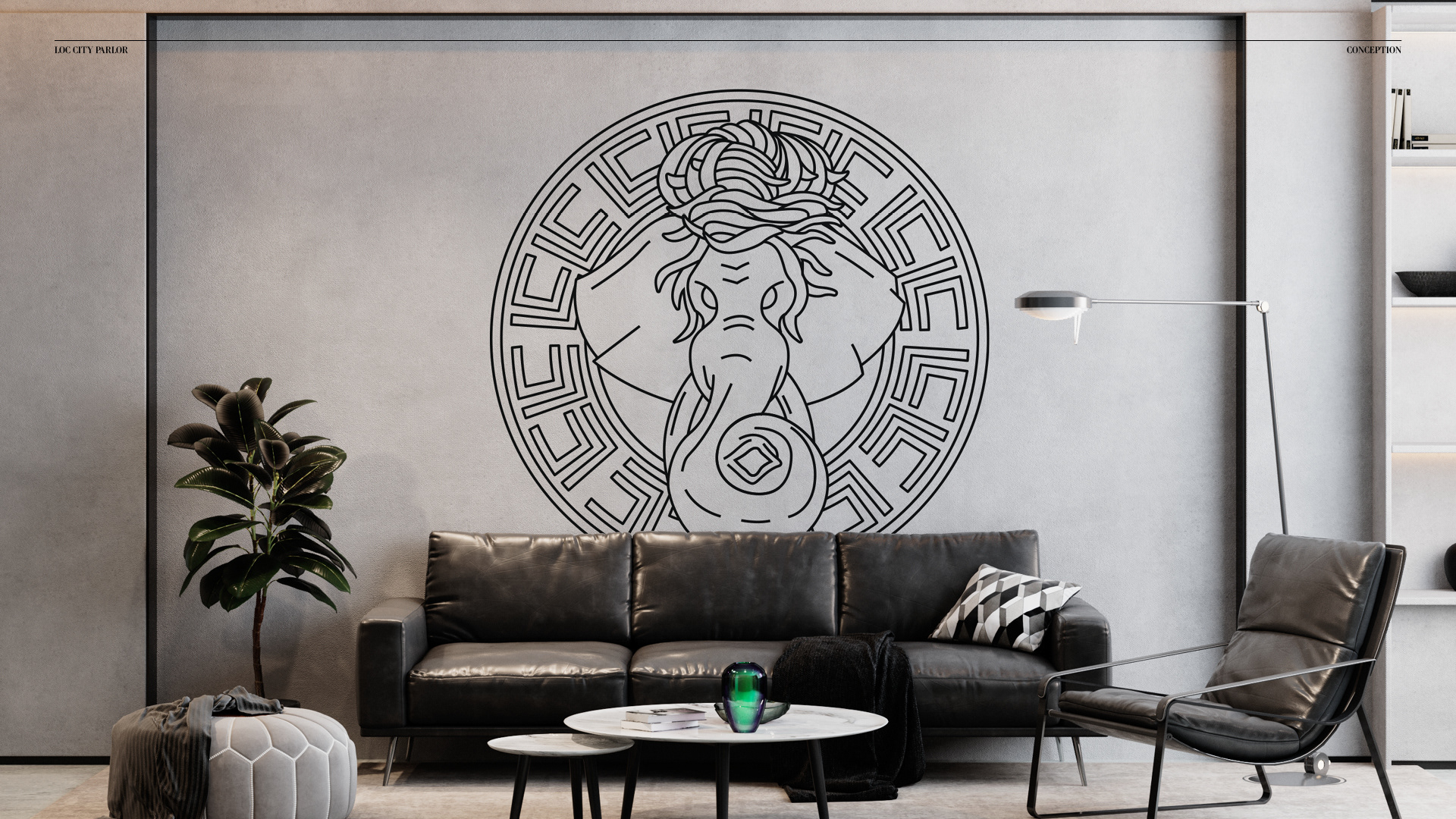 Image of a parlor with lounge chairs and waiting area with the concept logo on the wall in the background.