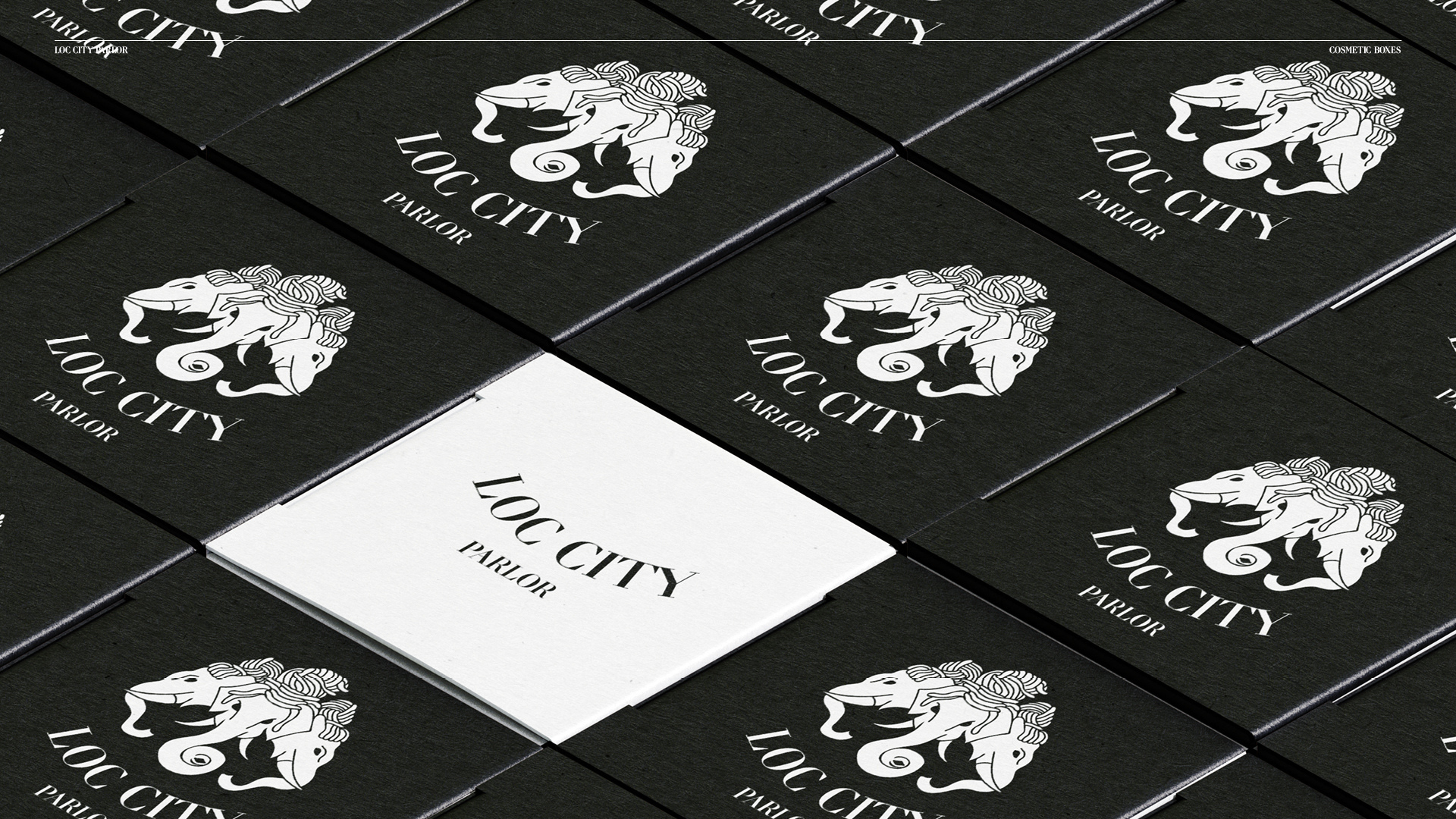 Cosmetic boxes of the Loc City Parlor logo in isometric view.