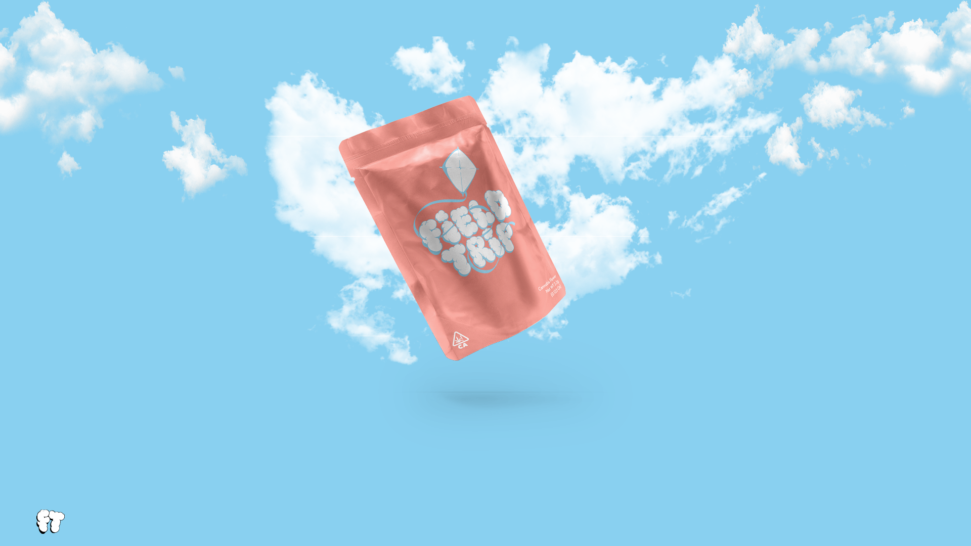 The original mylar bag design for Field Trip Cannabis; falling from the sky.