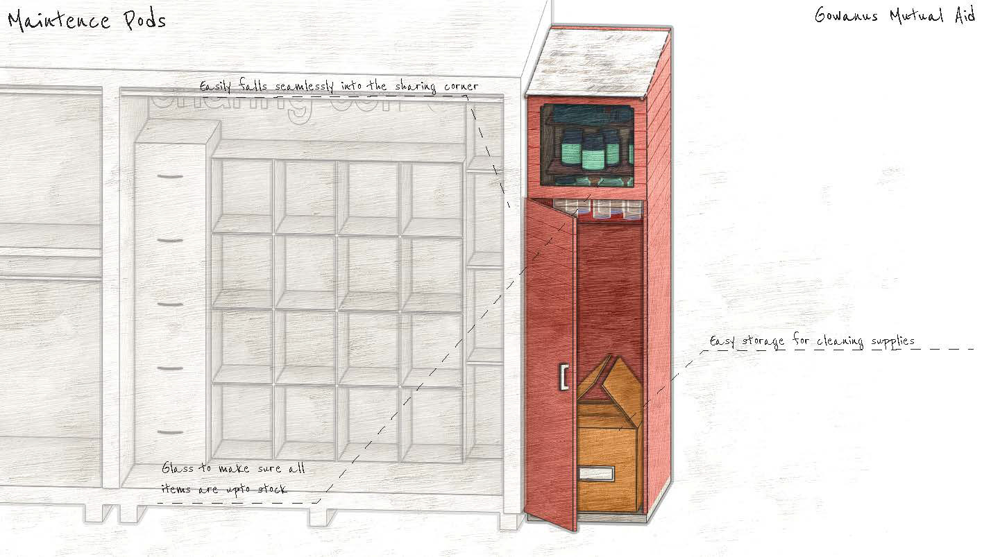 The Maintenance Pod was designed to simplify the upkeep of the current Sharing Corner, as well as any future concept corners. It's a compact shed intended to store all the supplies and items needed for cleaning and general maintenance of these spaces.