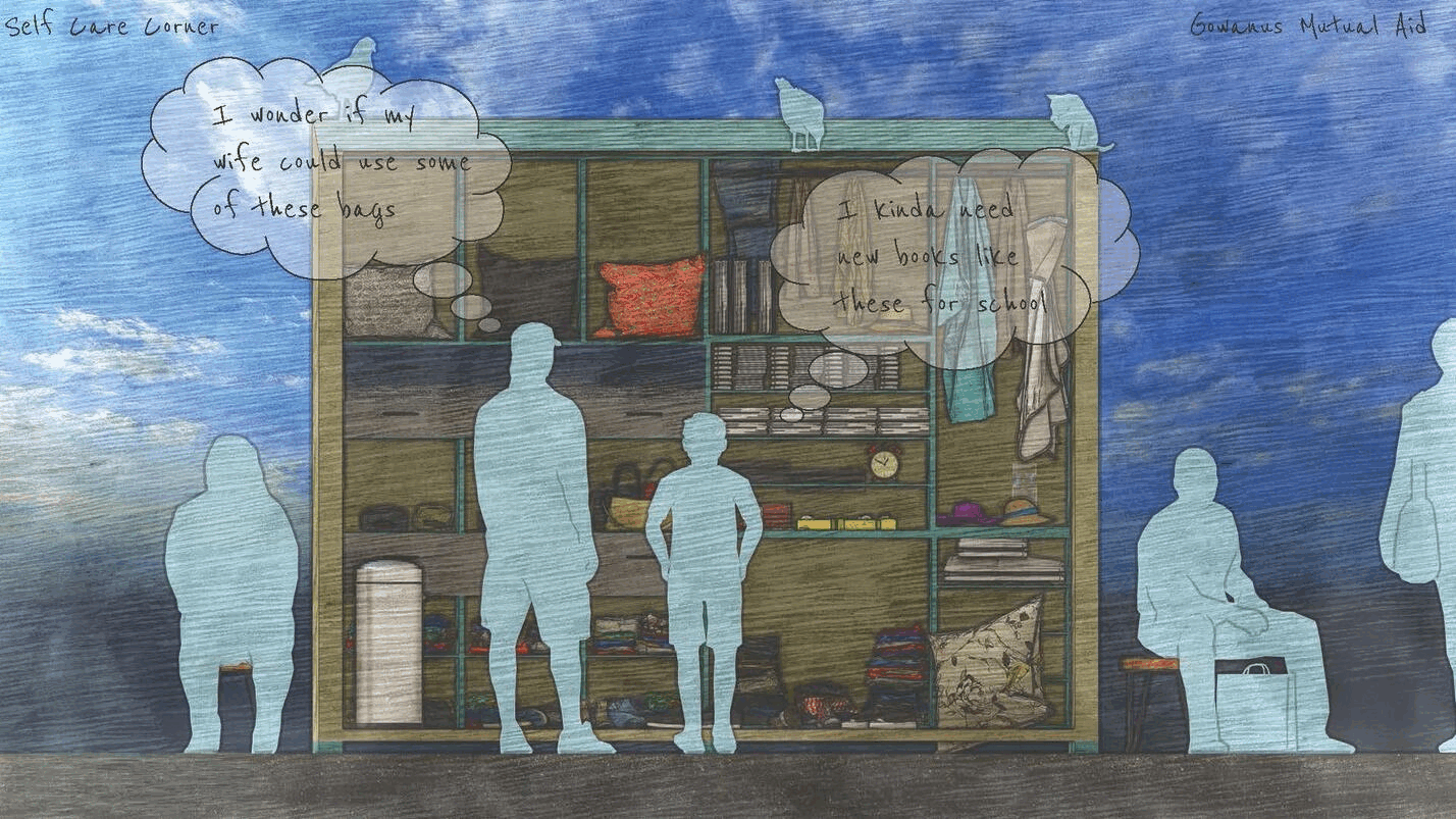 This concept, similar to the Sharing Corner, is designed specifically for self-care and hygiene items. It provides a direct, dedicated area where community members can easily access these necessities without needing to sort through the general donations in the existing Sharing Corner.