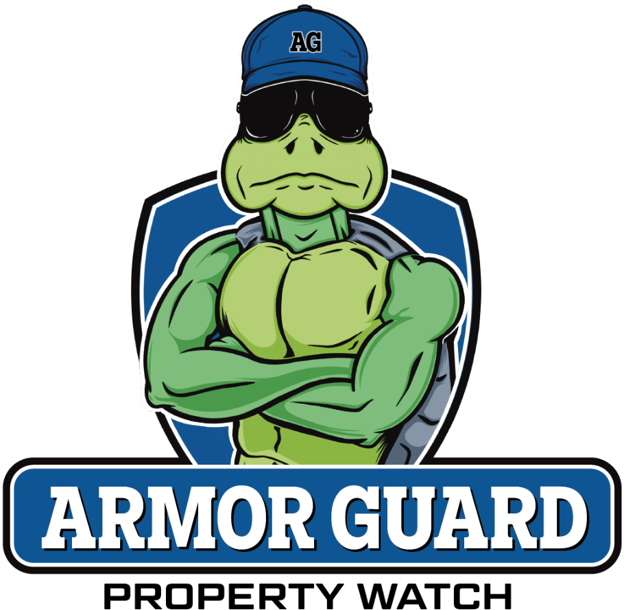Muscular turtle mascot with folded arms, wearing dark sunglasses and an “AG” baseball cap, representing a home and commercial security company focused on strong, reliable protection.