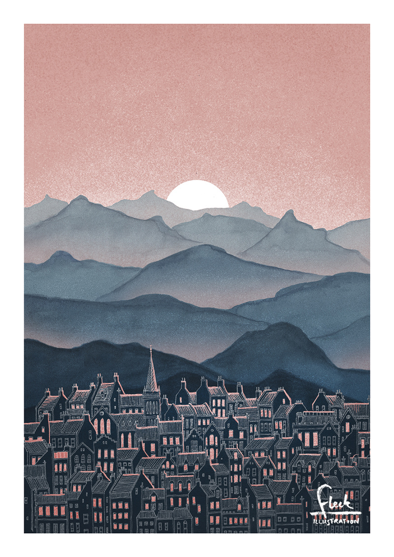 Hand drawn and painted illustration of a sunset sky over mountains and a city. Atmospheric navy blue and pink colours.
