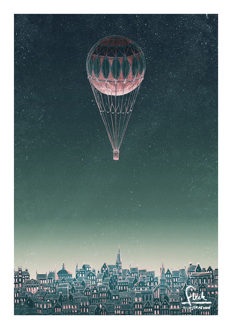 Illustration of a hot air balloon drifting over a city under a starry night sky.
