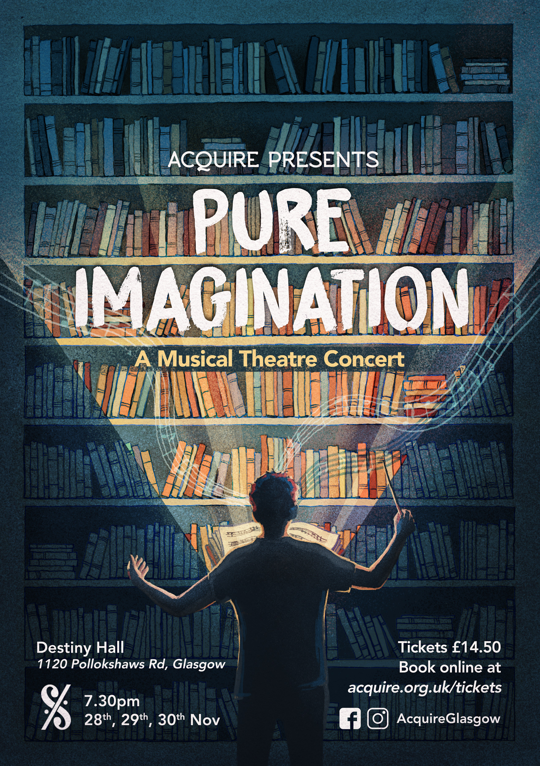 Pure Imagination event poster with magical library illustration