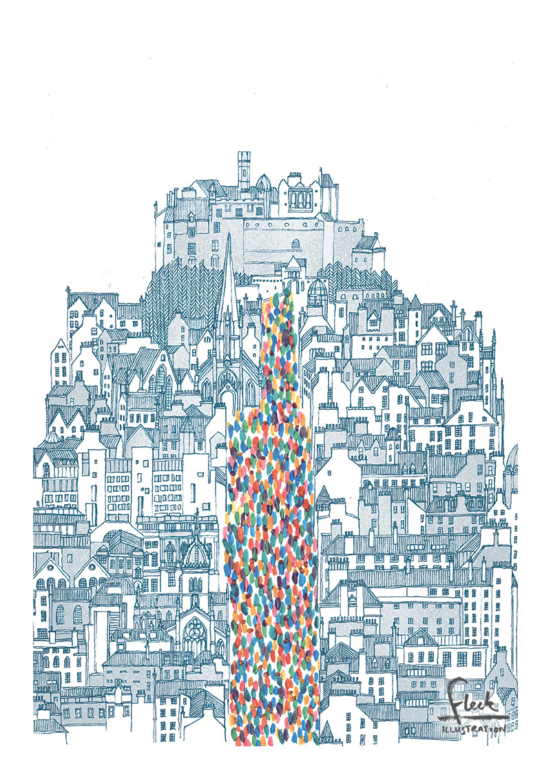 Detailed illustration of Edinburgh's old town, with the royal mile packed full of colourful abstract people.