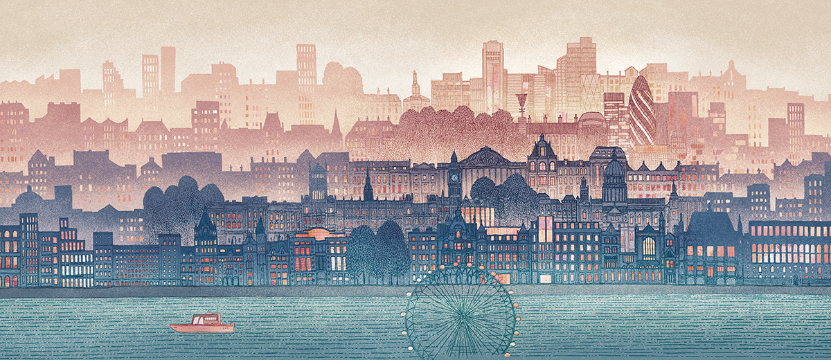 Full wrap-around cover illustration, featuring panoramic drawing of London